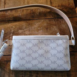 Michael Kors small shoulder bag with gray logo print on white coated canvas new